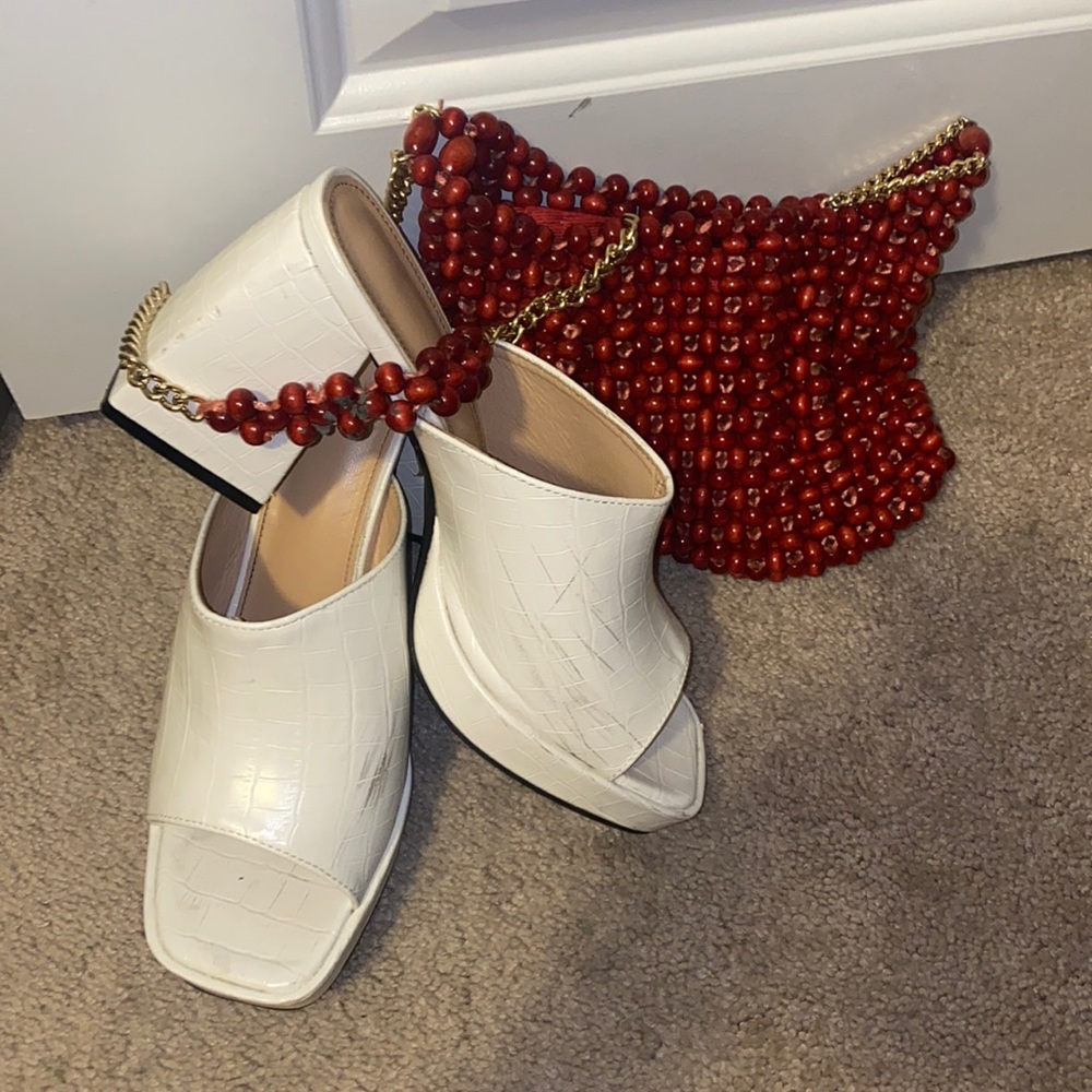 White clunky slip on heels